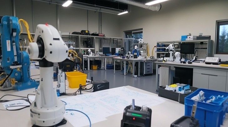 Robotlaboratorium med robotarme, arbejdsborde og elektronisk udstyr